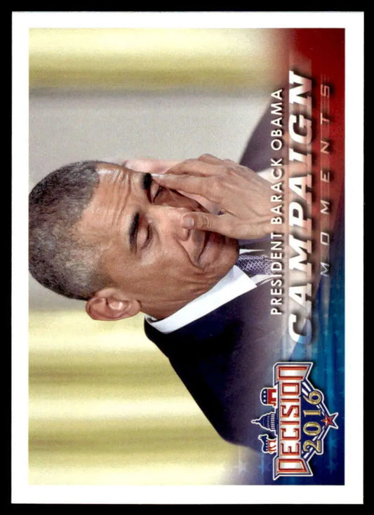 Trading card of President Barack Obama in dark suit, blurred background, 2016 edition