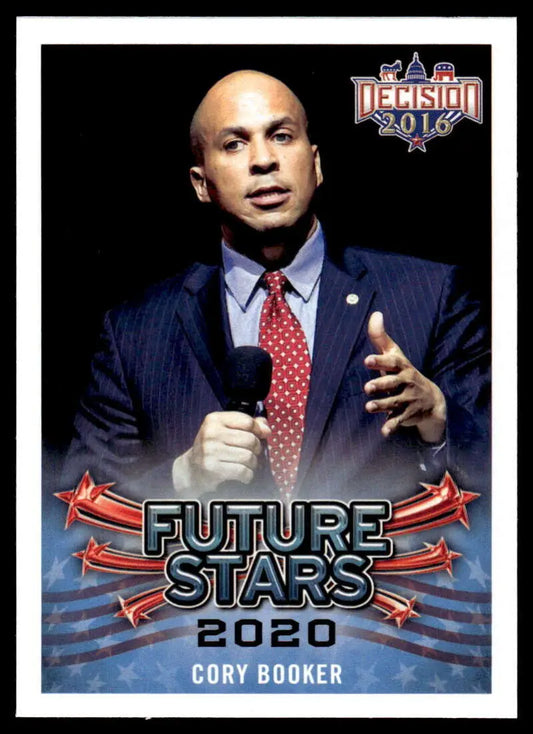 Cory Booker in navy pinstripe suit on 2016 Leaf Decision trading card Future Stars 2020