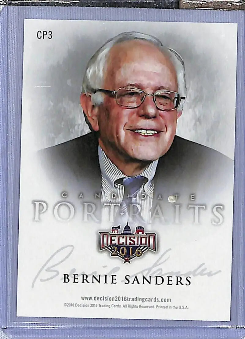 Bernie Sanders smiling in glasses on 2016 Leaf Decision trading card #CP3 profile