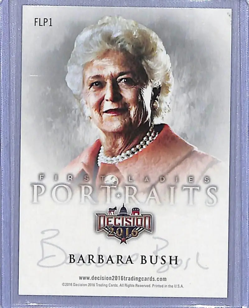 Barbara Bush trading card featuring a portrait in pearl necklace and coral jacket