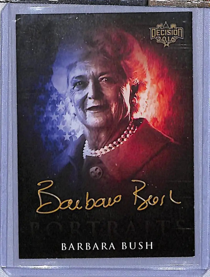 Trading card portrait of Barbara Bush with red and blue lighting effects and a pearl necklace