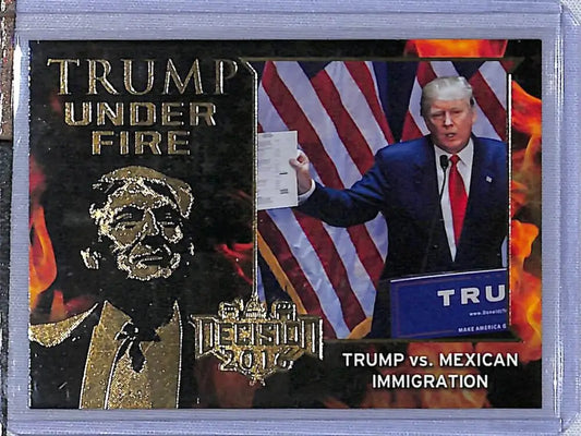 Trading card featuring political imagery of Trump and Mexican immigration with flames