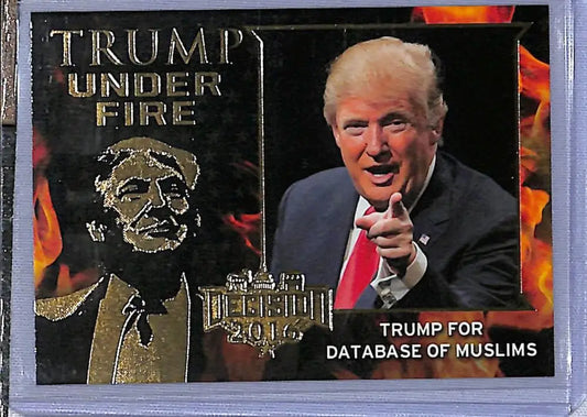 Political trading card featuring Trump and flames, referencing database of Muslims