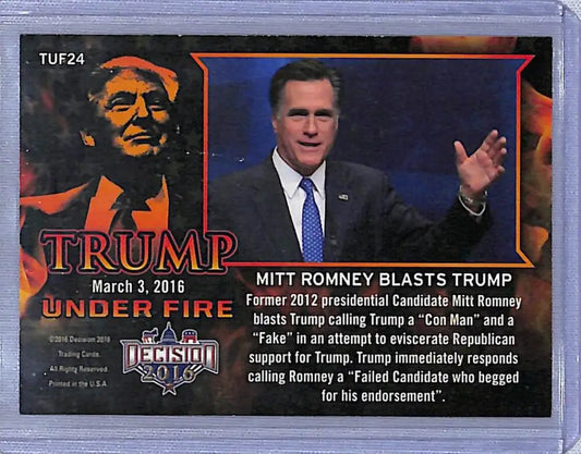 Political trading card featuring Mitt Romney blasting Trump in 2016 election conflict