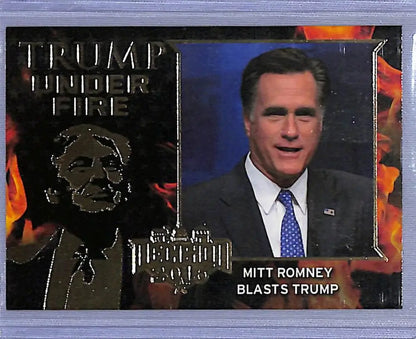 Mit Romney Blasts Trump trading card with fiery background design from 2016 Leaf Decision