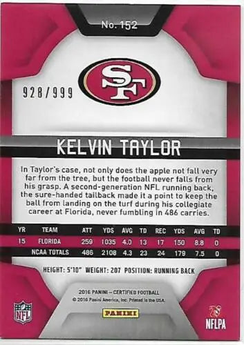 2016 Panini Certified Rookies Kelvin Taylor football card with original gloss 928/999