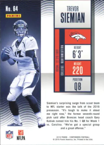 Football trading card of Trevor Siemian in a white uniform for Denver Broncos Panini Contenders