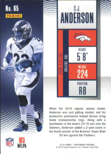 Football trading card of C.J. Anderson, Denver Broncos in Panini Contenders design