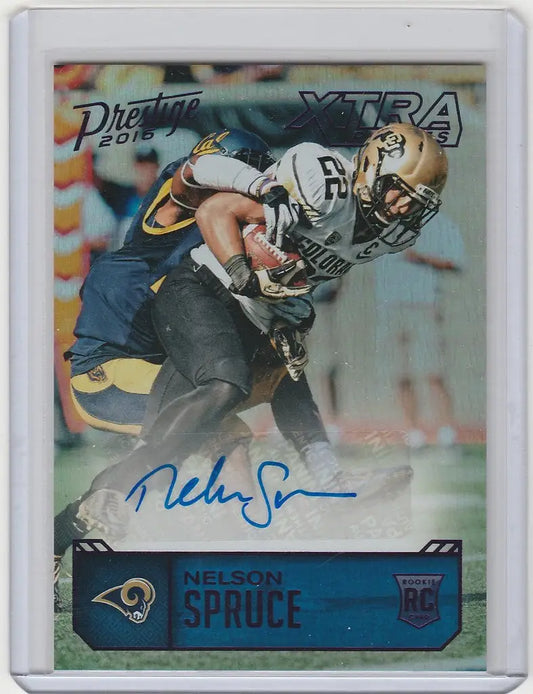 Autographed Nelson Spruce Los Angeles Rams Panini Prestige Auto trading card in action