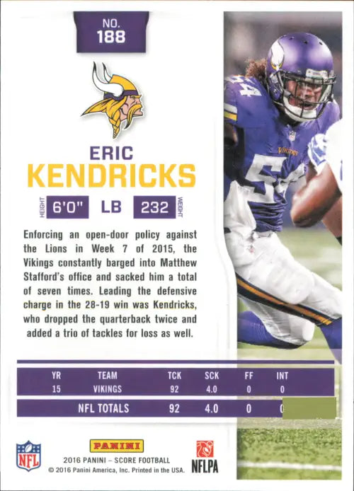 Eric Kendricks Minnesota Vikings football card 2016 Score #188 NM-MT condition