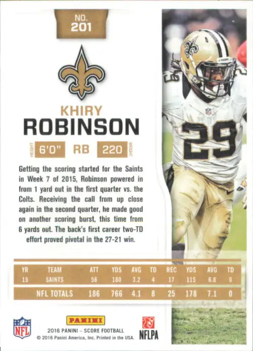 2016 Score #201 Khiry Robinson New Orleans Saints NFL Football Card NM-MT