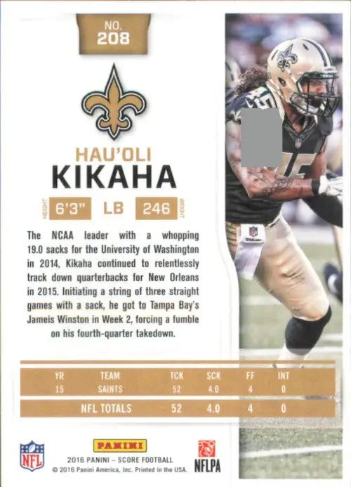 2016 Score #208 Hau’oli Kikaha New Orleans Saints NFL Football Card NM-MT