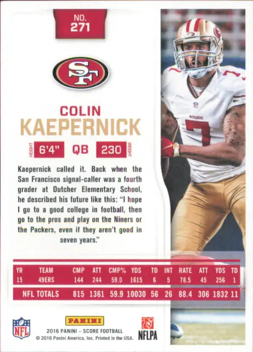 2016 Score #271 Colin Kaepernick San Francisco 49ers NFL Football Card NM-MT