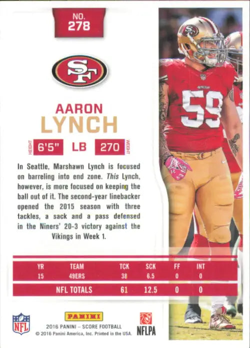 2016 Score #278 Aaron Lynch San Francisco 49ers NFL Football Card NM-MT