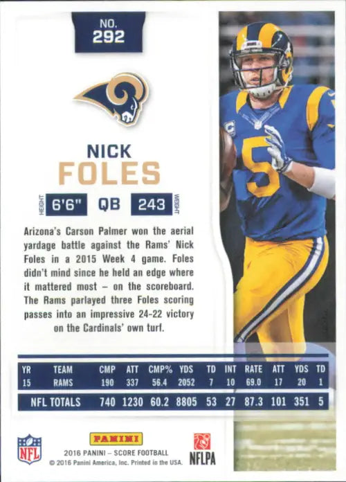 Nick Foles 2016 Score #292 Los Angeles Rams NFL Football Card NM-MT for collectors