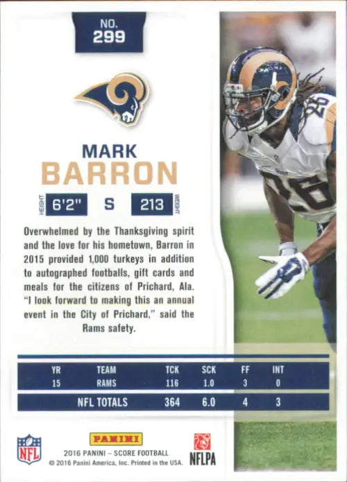 2016 Score #299 Mark Barron Los Angeles Rams NFL Football Card NM-MT