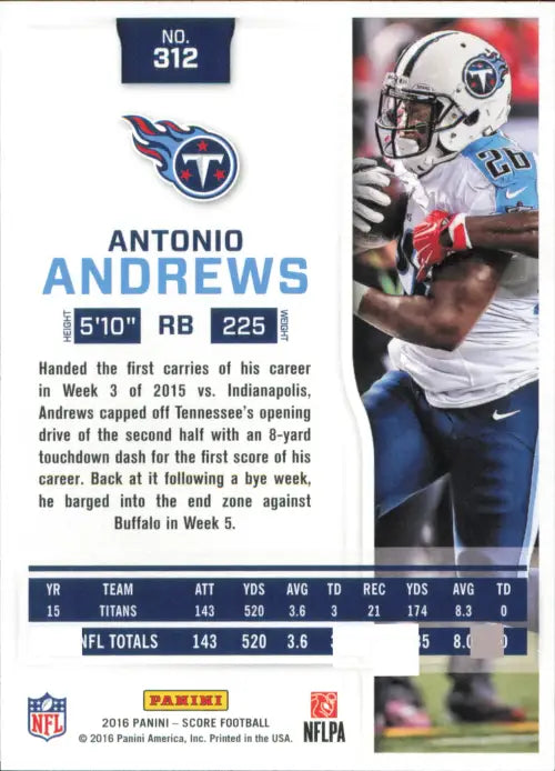 2016 Score #312 Antonio Andrews Tennessee Titans NFL Football Card NM-MT