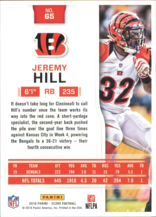 2016 Score #65 Jeremy Hill Cincinnati Bengals NFL Football Card NM-MT