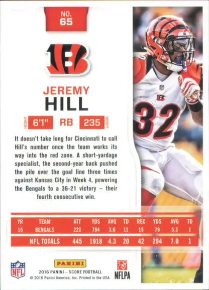 Jeremy Hill Cincinnati Bengals 2016 Score #65 NFL Football Card NM-MT