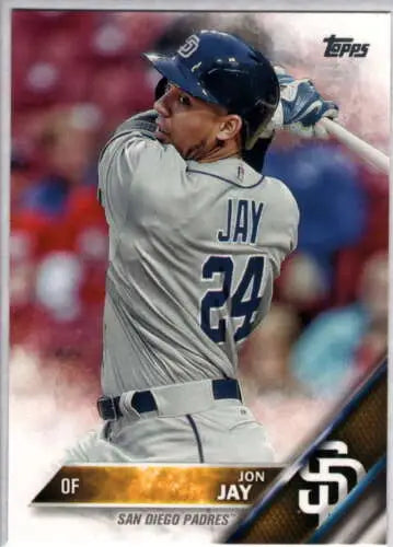 Baseball card of Jon Jay in batting stance with original gloss for Padres collectors