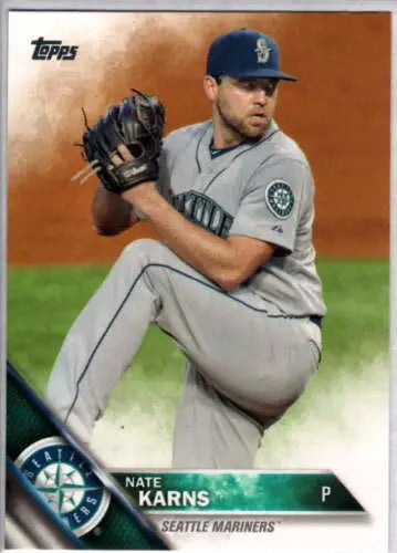 Baseball card of Nate Karns with original gloss, 2016 Topps #539 Mariners