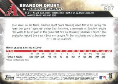 Back of 2016 Topps #607 Brandon Drury Rookie Arizona Diamondbacks Baseball card