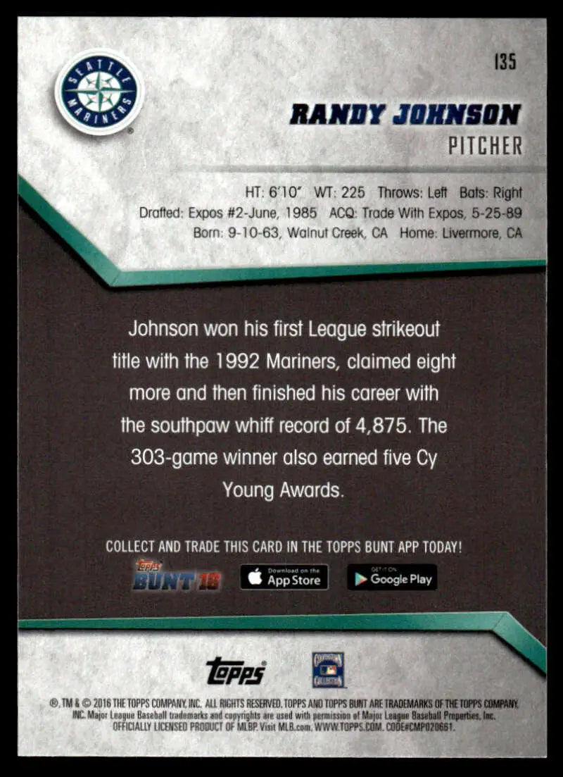 Back of 2016 Topps Bunt #135 Randy Johnson card with Seattle Mariners stats and info