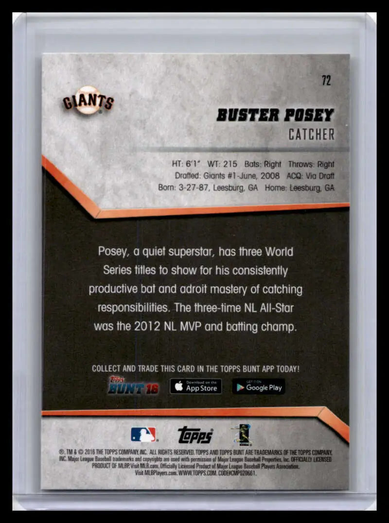 Buster Posey Baseball Card showcasing career stats for San Francisco Giants collector