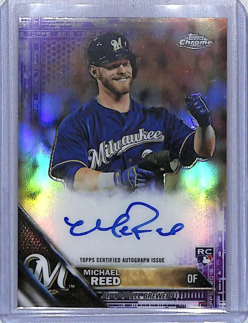 Signed Michael Reed Rookie Topps Chrome Baseball Card with holographic finish