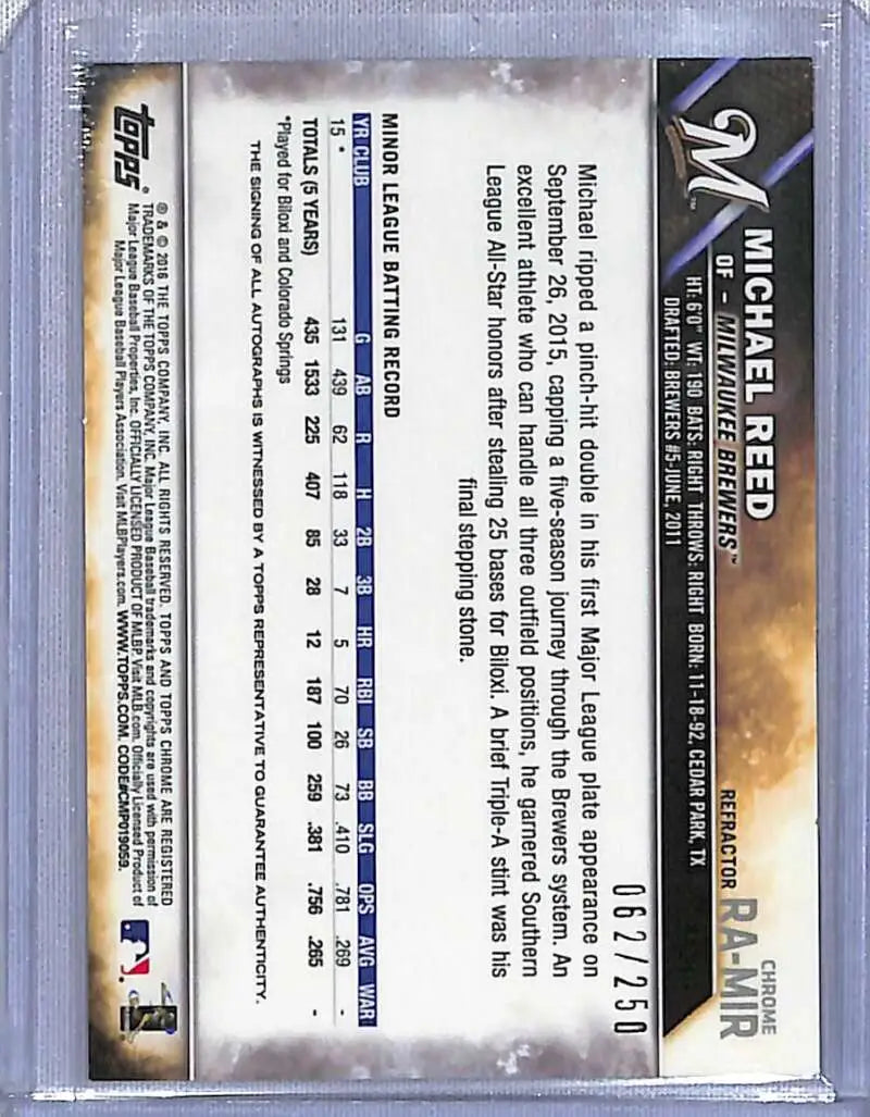 Back side of 2016 Topps Chrome Michael Reed Rookie card showing statistics and details