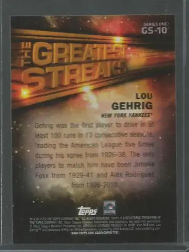 Lou Gehrig baseball card from 2016 Topps The Greatest Streaks with original gloss