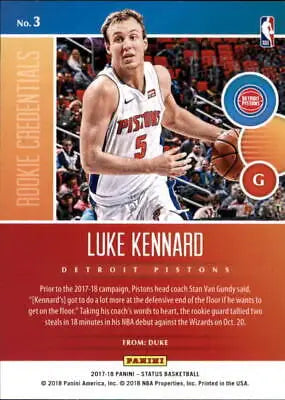 Luke Kennard 2017-18 Panini Status Rookie Credentials basketball card NM-MT