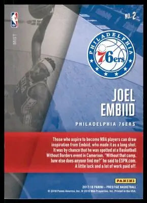 Basketball card of Joel Embiid from 2017-18 Prestige Hardcourt Heroes collection