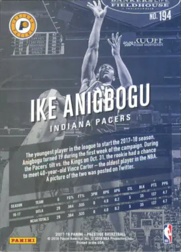 Ike Anigbogu Rookie card from the 2017-18 Prestige NBA series featuring Utah Jazz