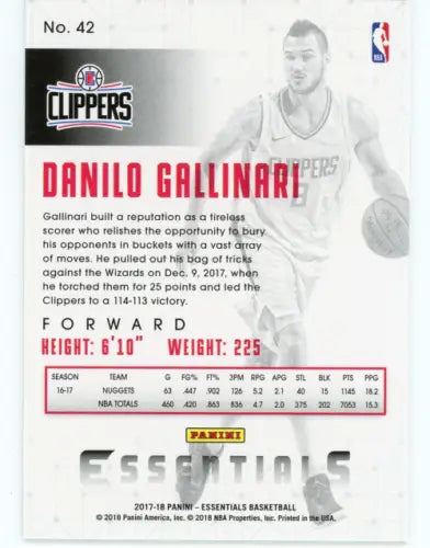 Danilo Gallinari 2017-18 Panini Essentials Spiral basketball card Los Angeles Clippers NM-MT