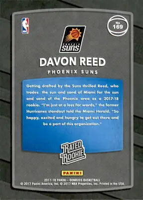 Davon Reed Rookie card from 2017-18 Donruss for Phoenix Suns NBA collection