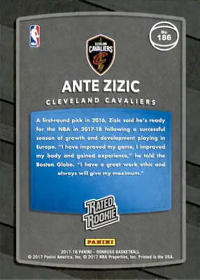 Ante Zizic Rookie Basketball Card from 2017-18 Donruss for Cleveland Cavaliers NBA