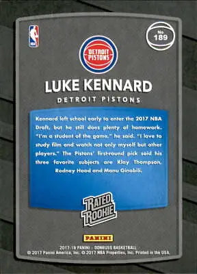 Luke Kennard Rookie Card from 2017-18 Donruss featuring the Detroit Pistons