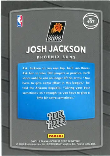 Basketball card back of 2017-18 Donruss Optic Josh Jackson Rookie Phoenix Suns