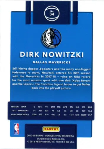 Dirk Nowitzki 2017-18 Donruss Optic #34 Dallas Mavericks NBA Basketball card