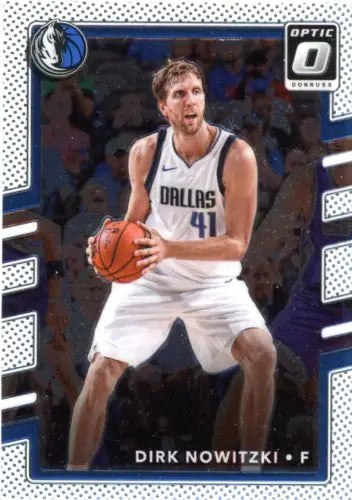 Basketball trading card of Dirk Nowitzki in white uniform for Dallas Mavericks Donruss Optic