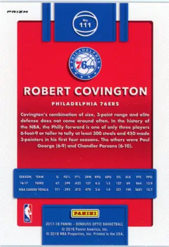 Robert Covington 76ers Donruss Optic Blue Velocity basketball card in NM-MT condition