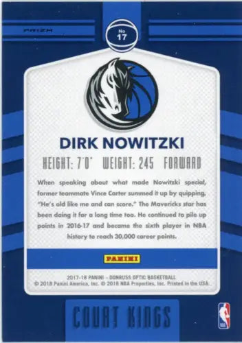 Basketball card back of 2017-18 Donruss Optic Court Kings Holo Dirk Nowitzki