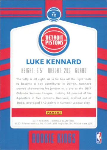 Basketball card back of 2017-18 Donruss Rookie Kings Luke Kennard Detroit Pistons