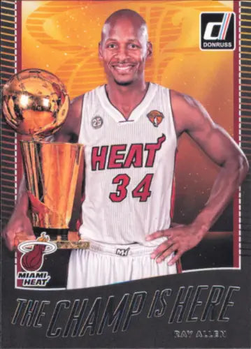 Ray Allen in a Miami Heat jersey #34 celebrating with the 2017-18 Donruss trophy