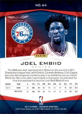 2017-18 Panini Ascension #64 Joel Embiid Philadelphia 76ers NBA Basketball Card