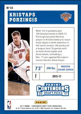 Kristaps Porzingis basketball card from 2017-18 Panini Contenders Draft Picks NM-MT