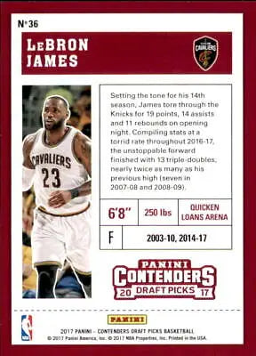 LeBron James basketball card from 2017-18 Panini Contenders Draft Picks Cleveland Cavaliers