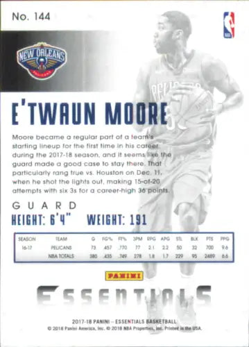 E’Twaun Moore basketball card from 2017-18 Panini Essentials Retail #144 New Orleans Pelicans