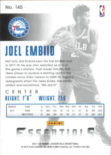 Basketball trading card of Joel Embiid from Panini Essentials Retail 2017-18